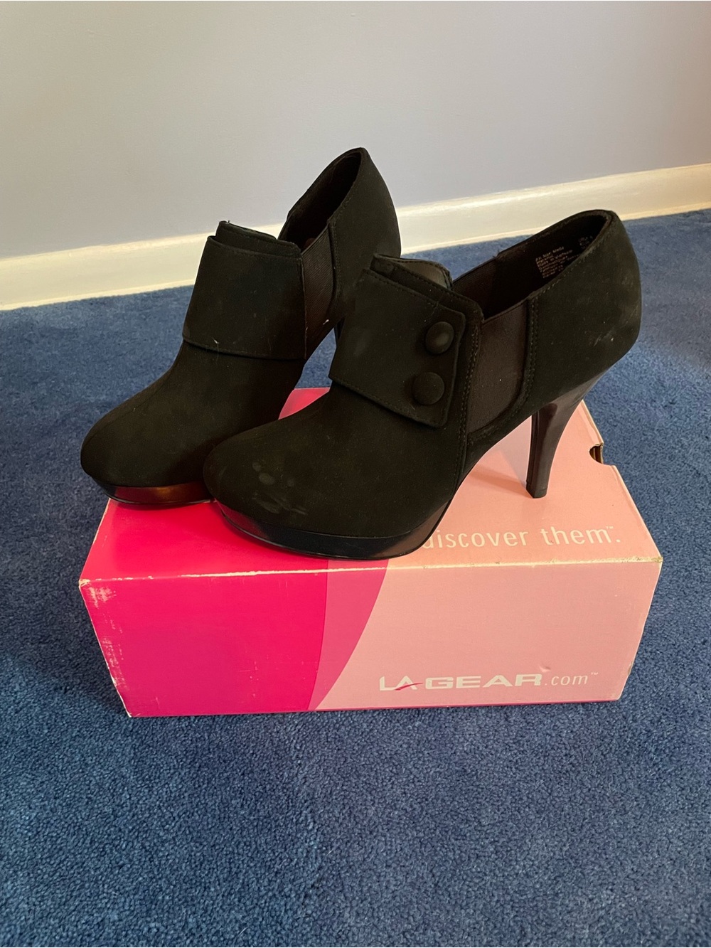 Black Suede Button Accent High Heel Booties